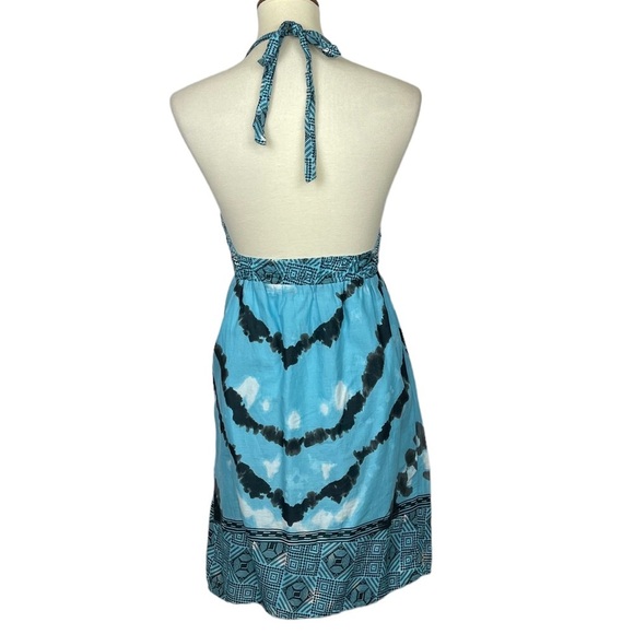 Gap Dress Women Small Blue Teal Tie Dye Print V-Neck Halter Backless 100% Cotton - Picture 3 of 11